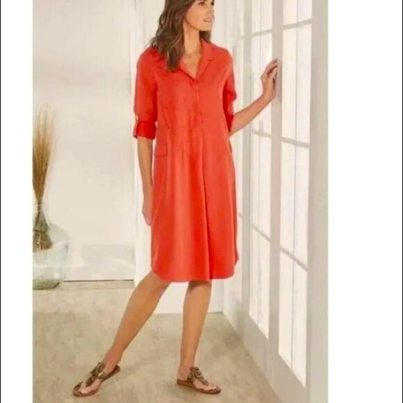 Soft Surroundings Tencel Weekender Relaxed Fit Shirt Dress Coral NWT XS - Picture 1 of 13
